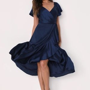 Serene Sight Navy Blue Midi Wrap Dress - Lulu’s